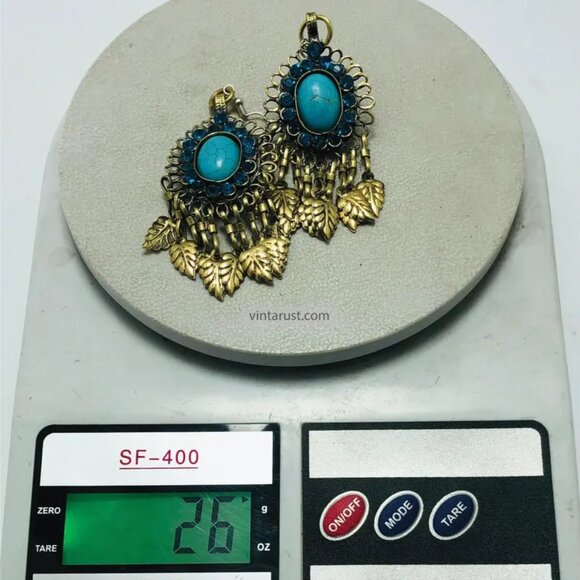 Handmade Turquoise Chandelier Earrings: Kuchi Boho Brass Dangle - Picture 8 of 9